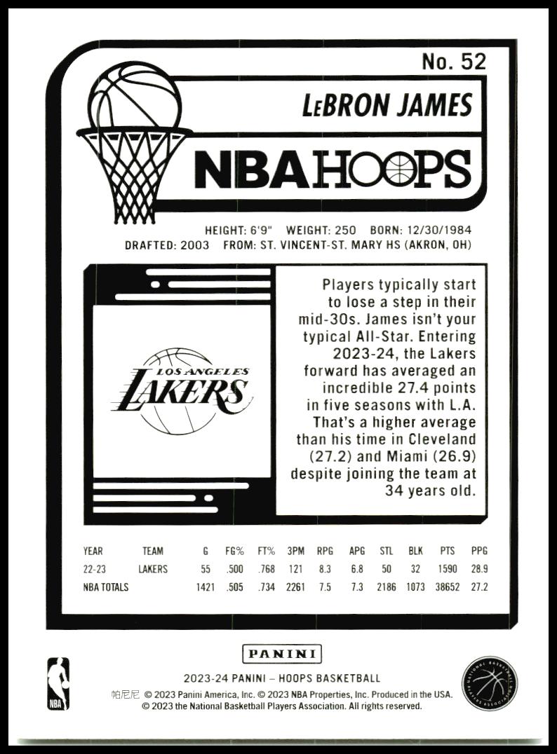 2023-24 Hoops #52 LeBron James Los Angeles Lakers