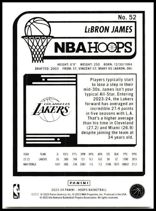 2023-24 Hoops #52 LeBron James Los Angeles Lakers