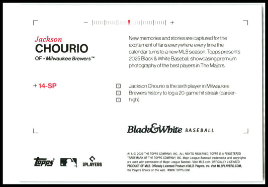 2025 Black & White Baseball T #+14-SP Jackson Chourio Brewers