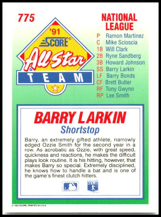 1992 Score #775 Barry Larkin Cincinnati Reds