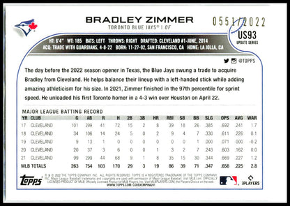 2022 Topps Update Gold #US93 Bradley Zimmer #/2022 Toronto Blue Jays
