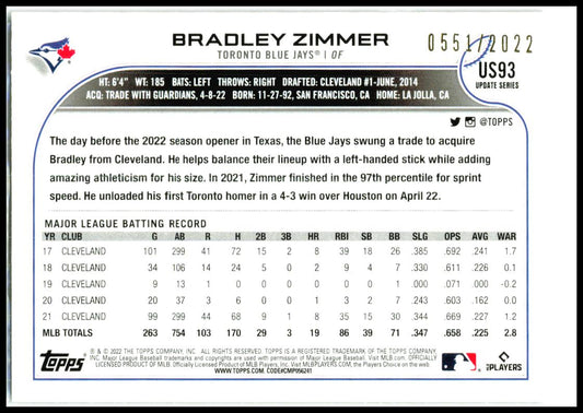 2022 Topps Update Gold #US93 Bradley Zimmer #/2022 Toronto Blue Jays