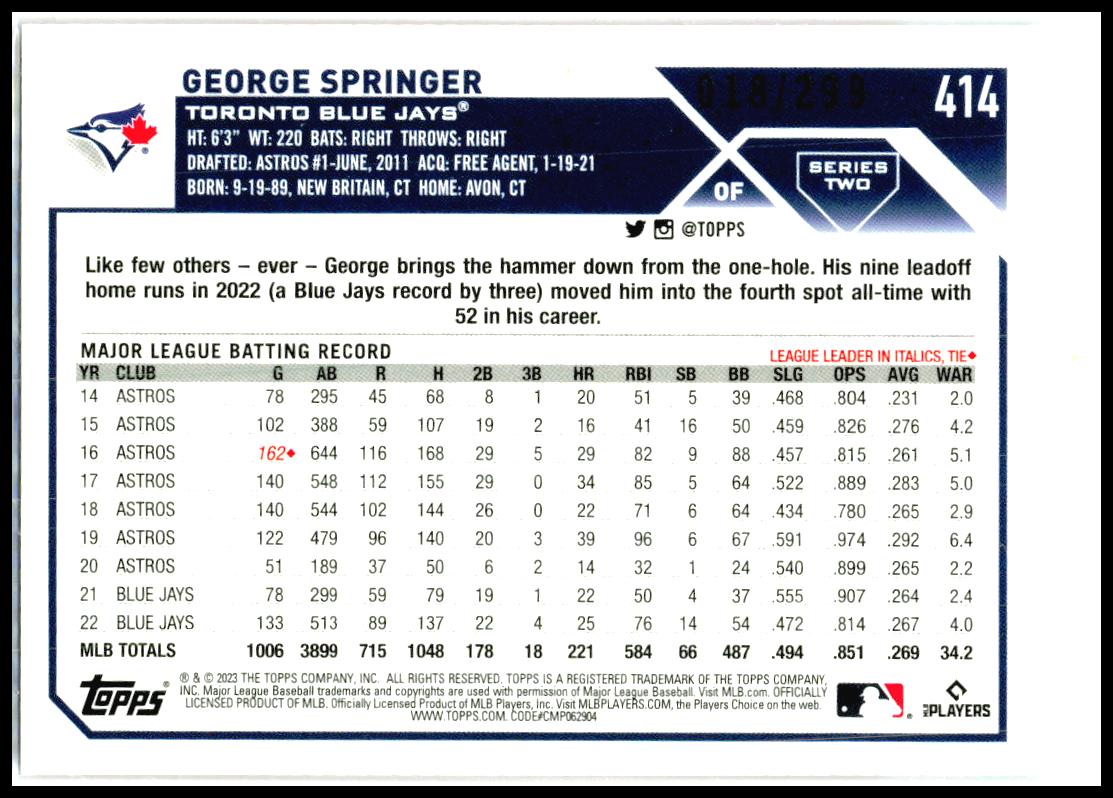 2023 Topps Orange Foil #414 George Springer #/299 Toronto Blue Jays