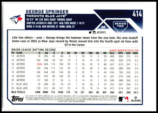 2023 Topps Orange Foil #414 George Springer #/299 Toronto Blue Jays