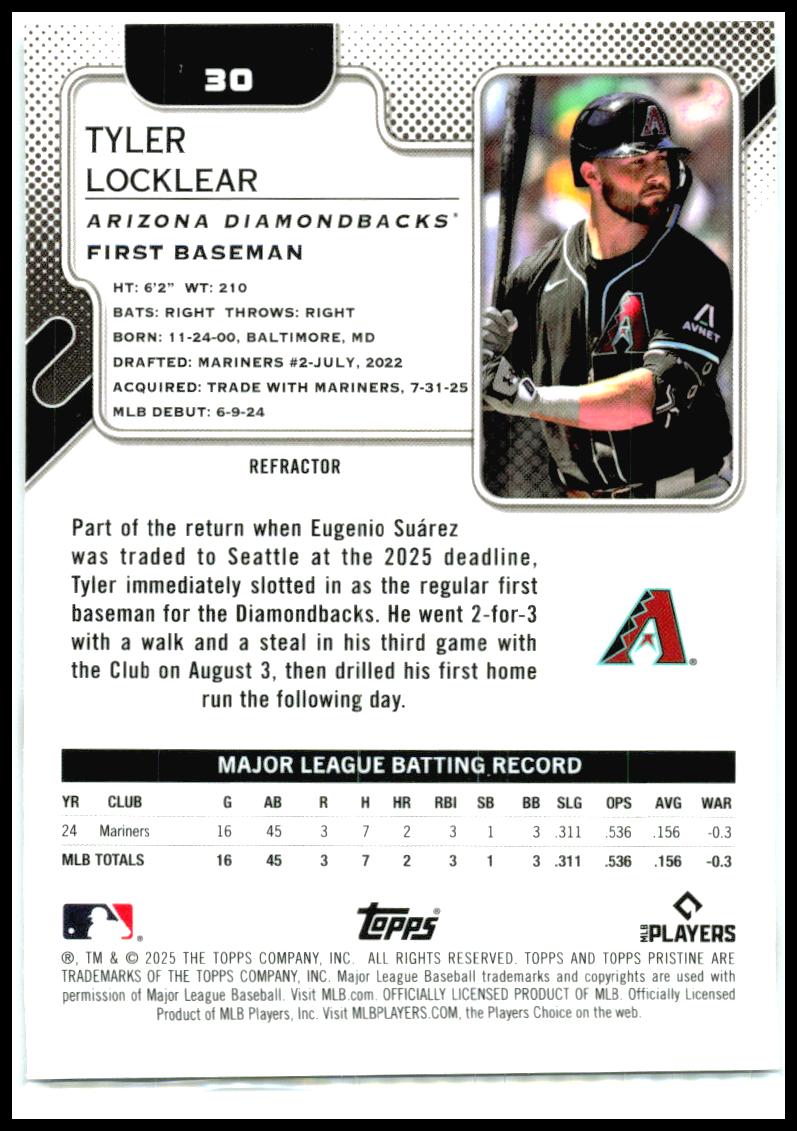 2025 Topps Pristine #30 Tyler Locklear Rookie Arizona Diamondbacks