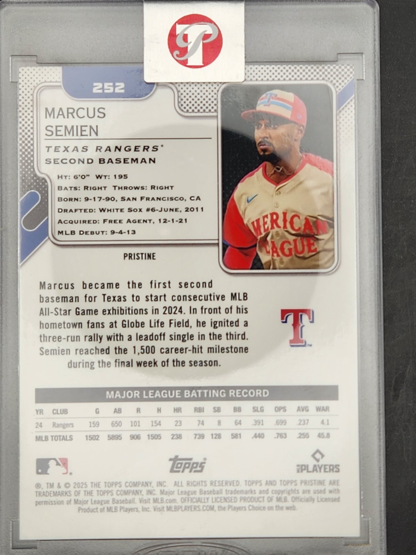 2025 Topps Pristine Purple Refractor #252 Marcus Semien #/99 Texas Rangers