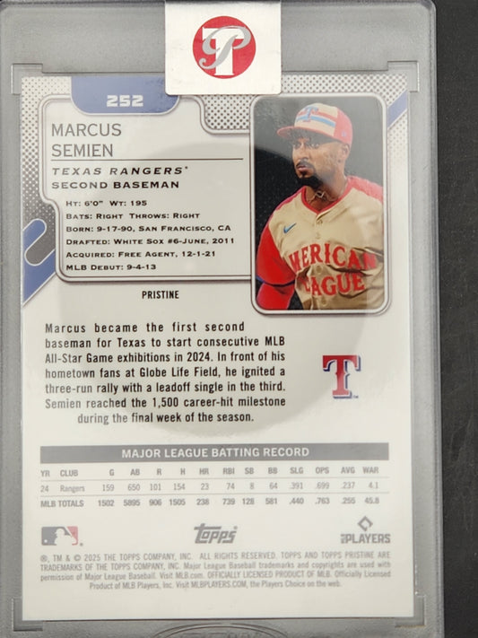 2025 Topps Pristine Purple Refractor #252 Marcus Semien #/99 Texas Rangers