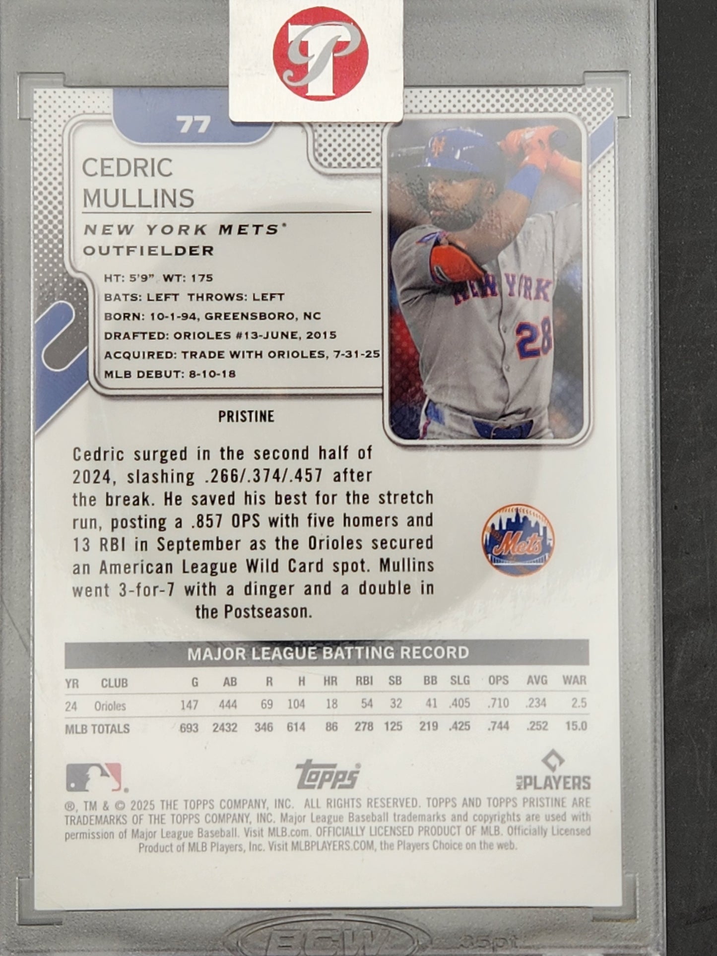 2025 Topps Pristine Pristine Gold Refractor #77 Cedric Mullins Mets