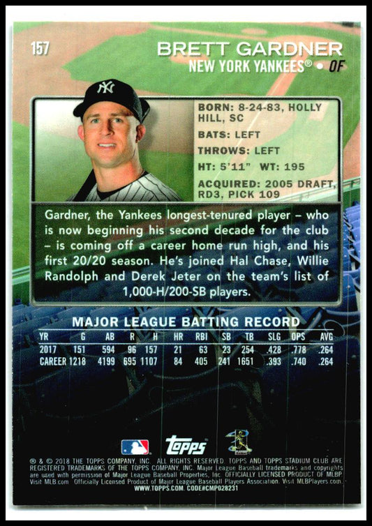 2018 Stadium Club #157 Brett Gardner New York Yankees
