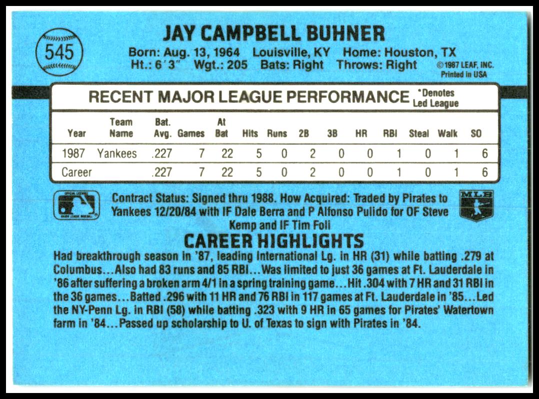 1988 Donruss #545 Jay Buhner Rookie New York Yankees