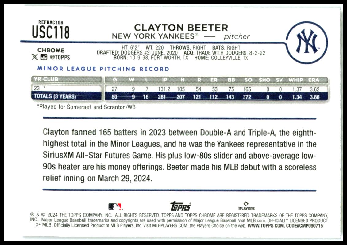 2024 Topps Chrome Update Refractors #USC118 Clayton Beeter New York Yankees