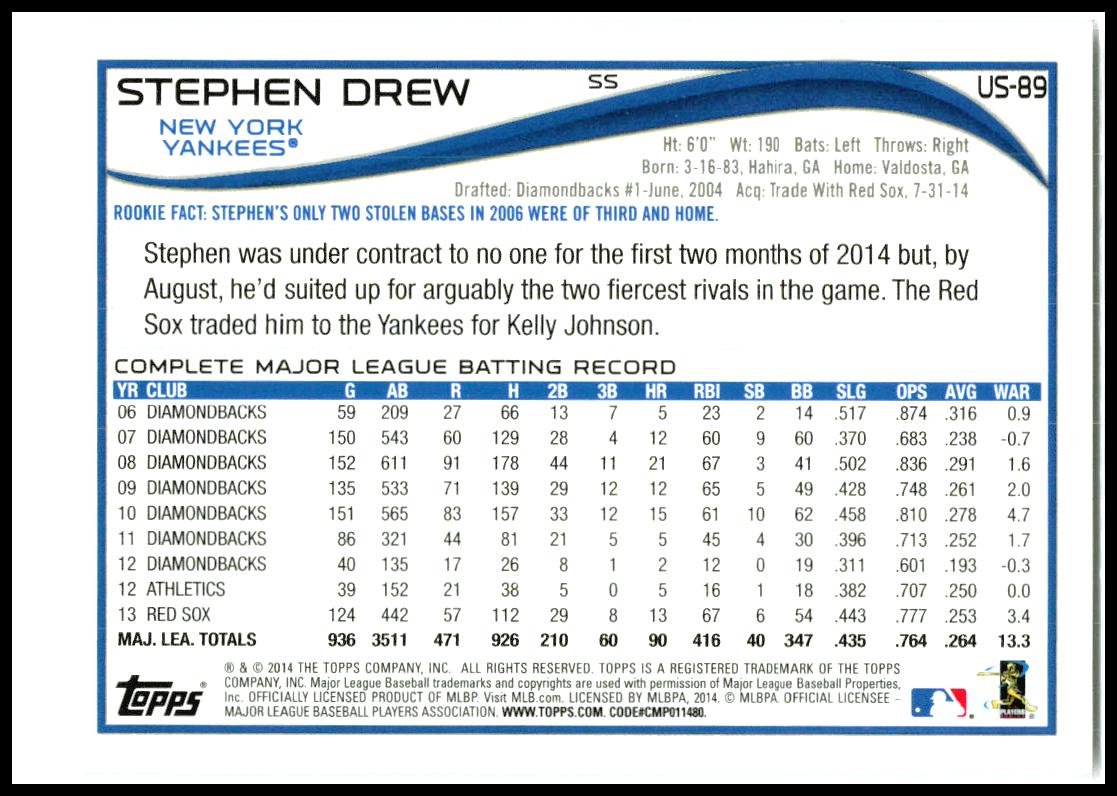 2014 Topps Update #US-89 Stephen Drew New York Yankees