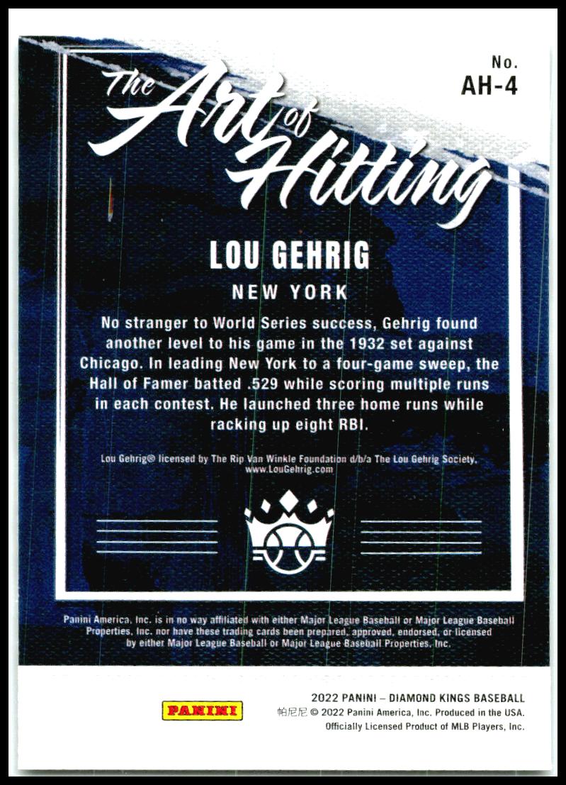 2022 Panini Diamond Kings The Art of Hitting #AH-4 Lou Gehrig New York Yankees