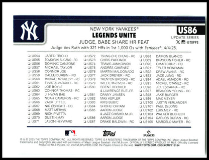 2025 Topps Update #US86 Legends Unite New York Yankees