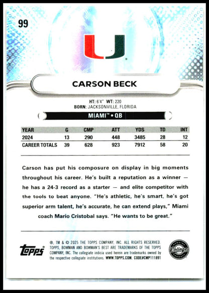 2025 Bowman University Best #99 Carson Beck Miami Hurricanes