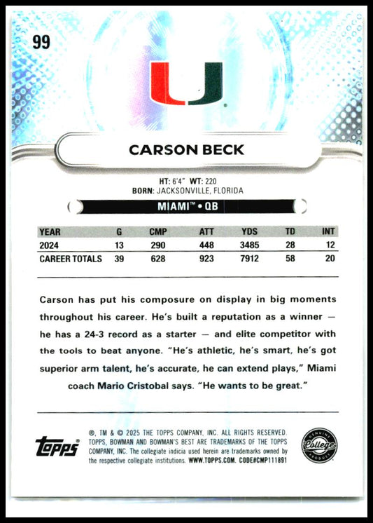 2025 Bowman University Best #99 Carson Beck Miami Hurricanes
