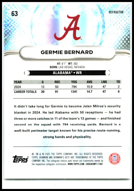 2025 Bowman University Best Refractor #63 Germie Bernard Alabama Crimson Tide