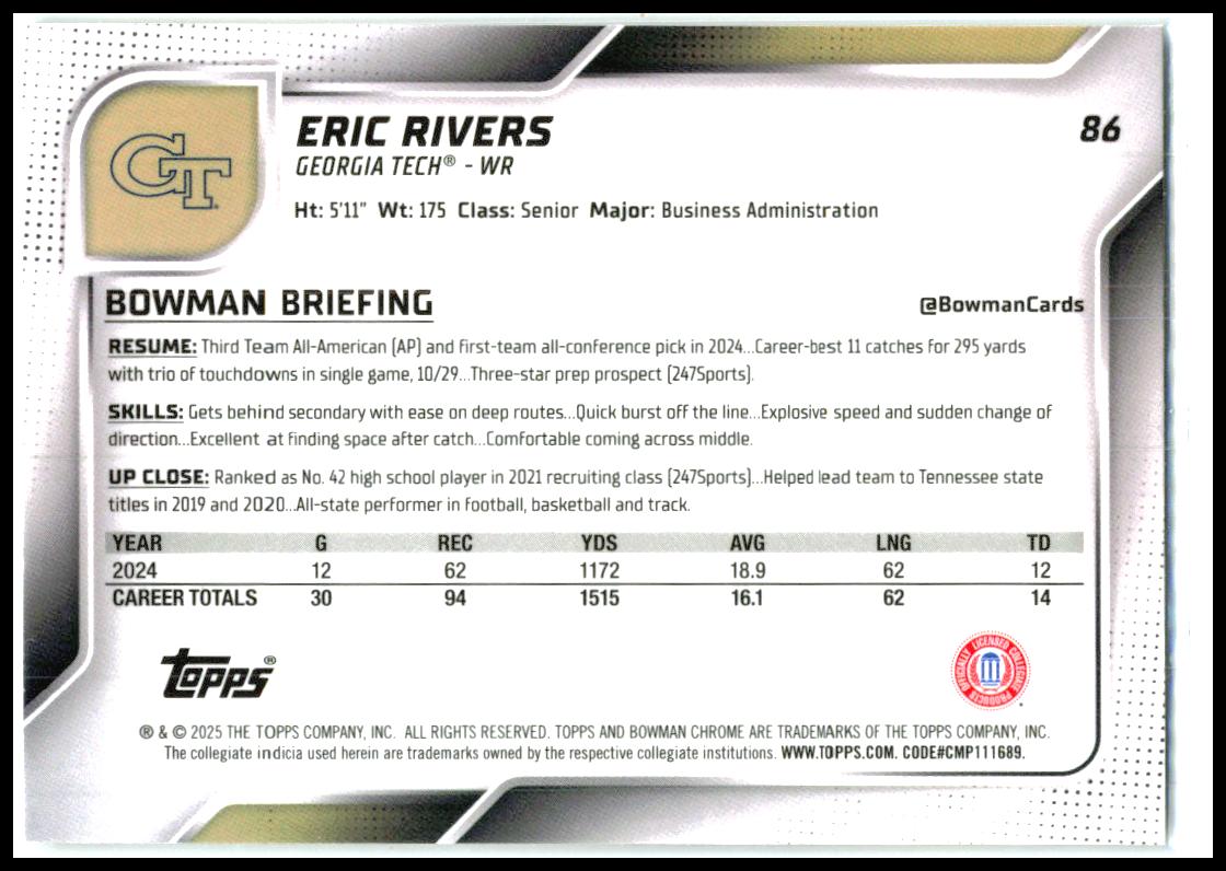 2025 Bowman University Chrome #86 Eric Rivers Georgia Tech Yellow Jackets