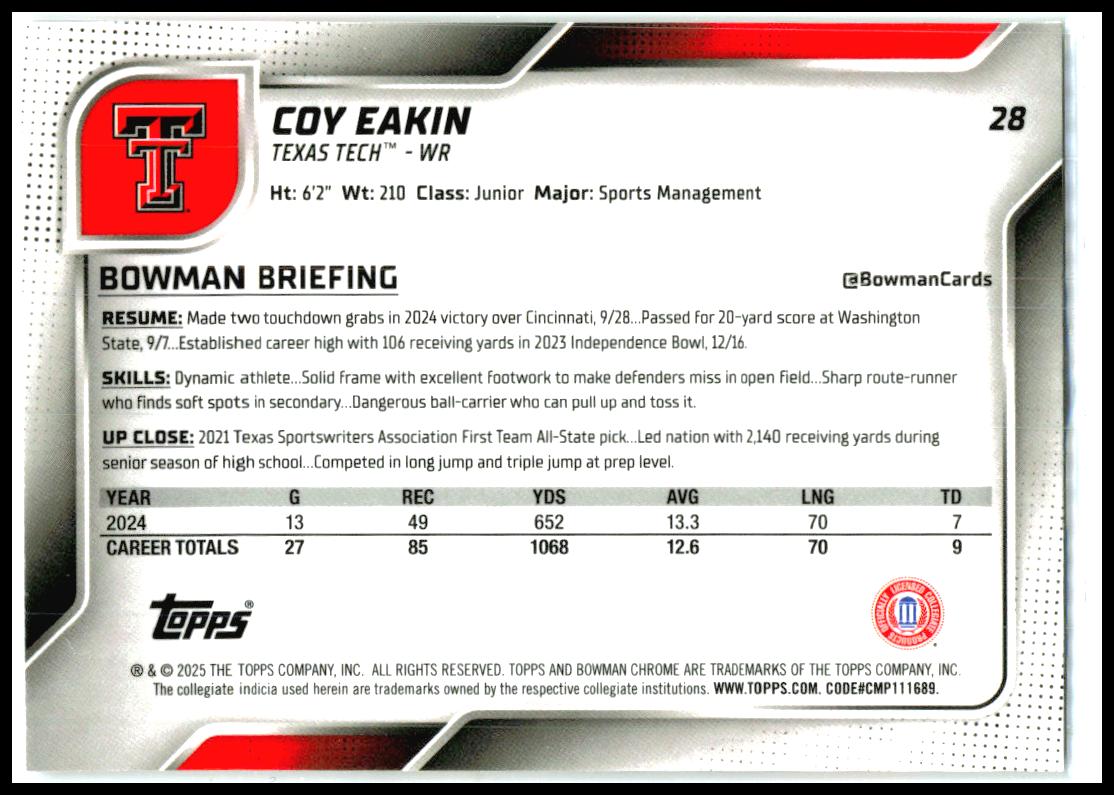 2025 Bowman University Chrome #28 Coy Eakin Texas Tech Red Raiders