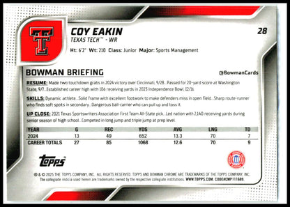 2025 Bowman University Chrome #28 Coy Eakin Texas Tech Red Raiders
