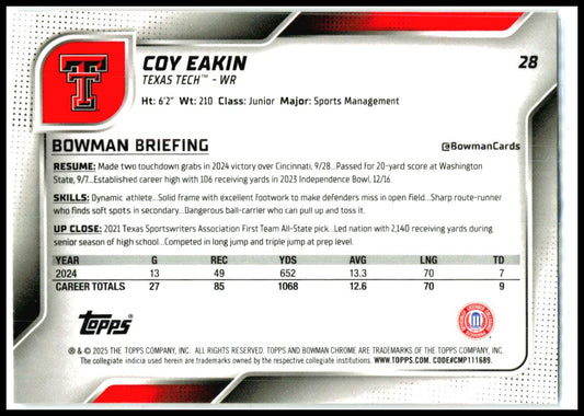 2025 Bowman University Chrome #28 Coy Eakin Texas Tech Red Raiders