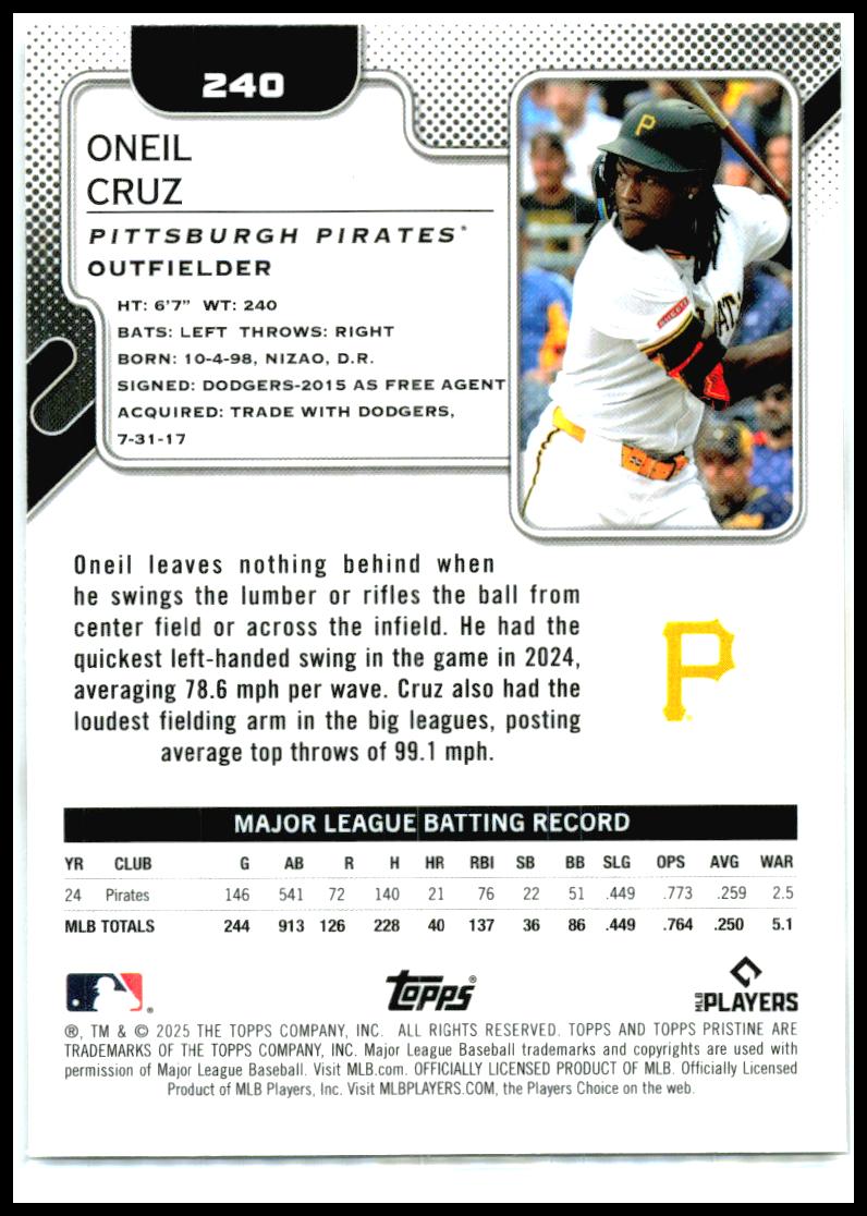 2025 Topps Pristine #240 Oneil Cruz Pittsburgh Pirates