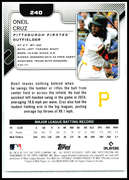 2025 Topps Pristine #240 Oneil Cruz Pittsburgh Pirates