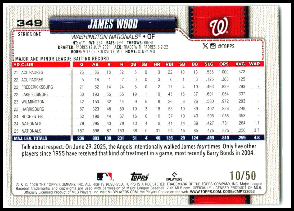 2026 Topps Gold Sandglitter #349 James Wood #/50 Washington Nationals