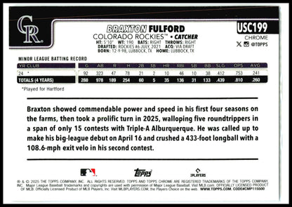 2025 Topps Chrome Update Sepia Refractors #USC199 Braxton Fulford Rookie Rockies