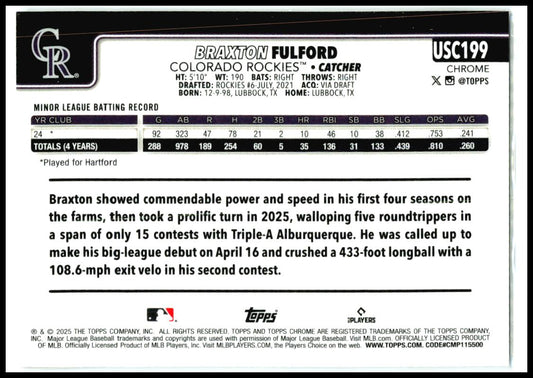 2025 Topps Chrome Update Sepia Refractors #USC199 Braxton Fulford Rookie Rockies