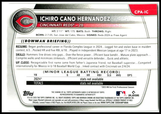2025 Bowman Chrome Auto Gold Lava /25 #CPA-IC Ichiro Cano Hernandez Auto Reds