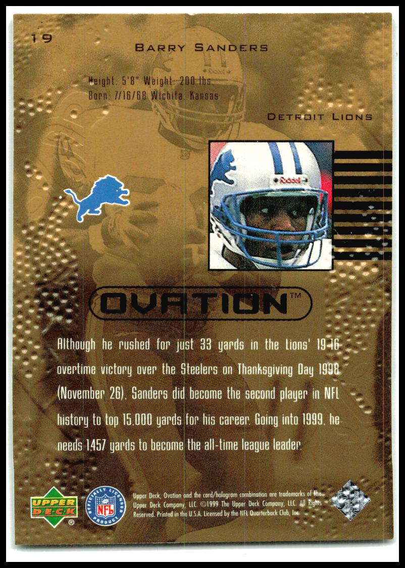 1999 Upper Deck Ovation #19 Barry Sanders Detroit Lions