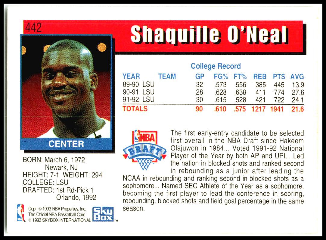 1992-93 Hoops #442 Shaquille O'Neal Rookie Orlando Magic