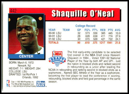 1992-93 Hoops #442 Shaquille O'Neal Rookie Orlando Magic