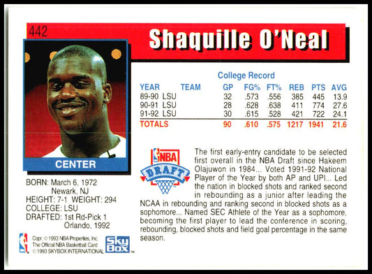 1992-93 Hoops #442 Shaquille O'Neal Rookie Orlando Magic