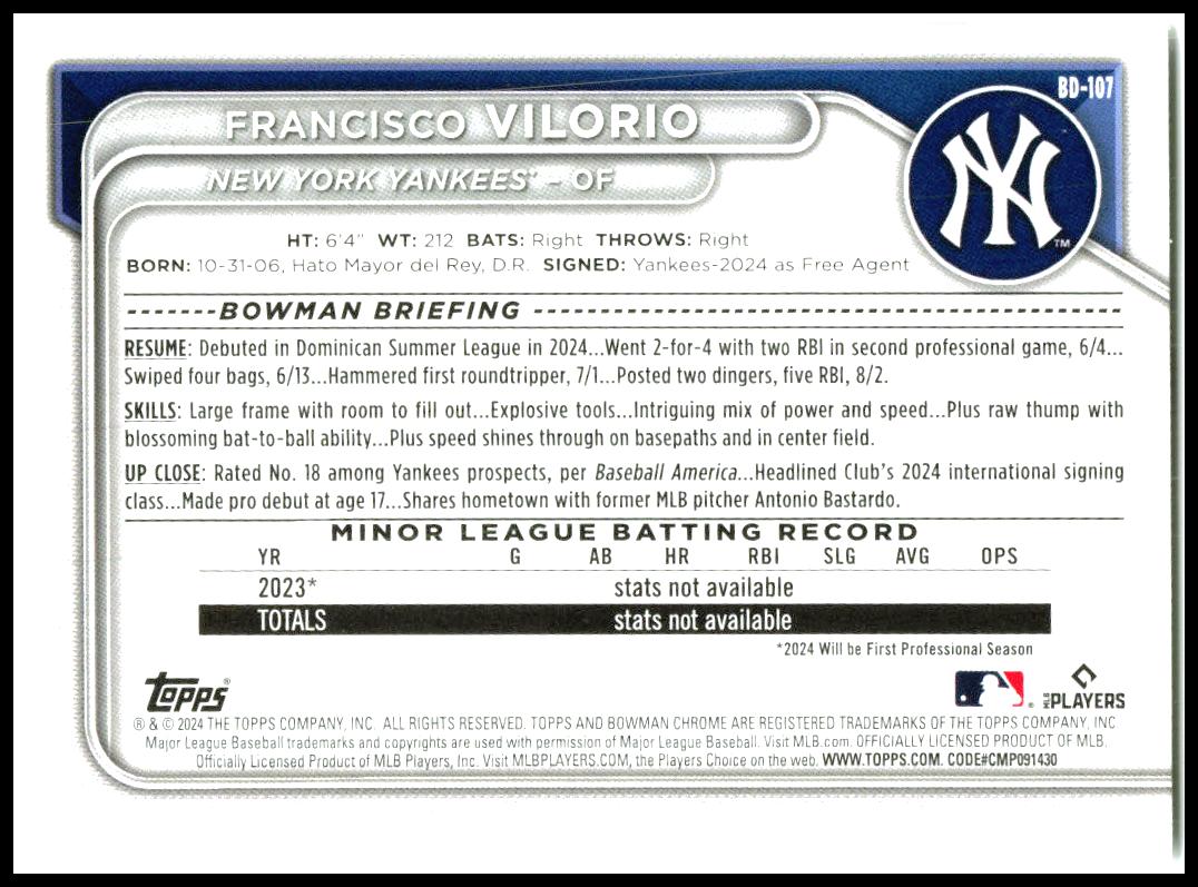 2024 Bowman Draft #BD-107 Francisco Vilorio New York Yankees