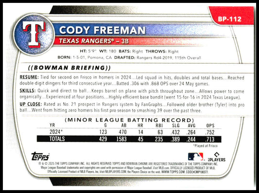 2025 Bowman Prospects #BP-112 Cody Freeman Texas Rangers