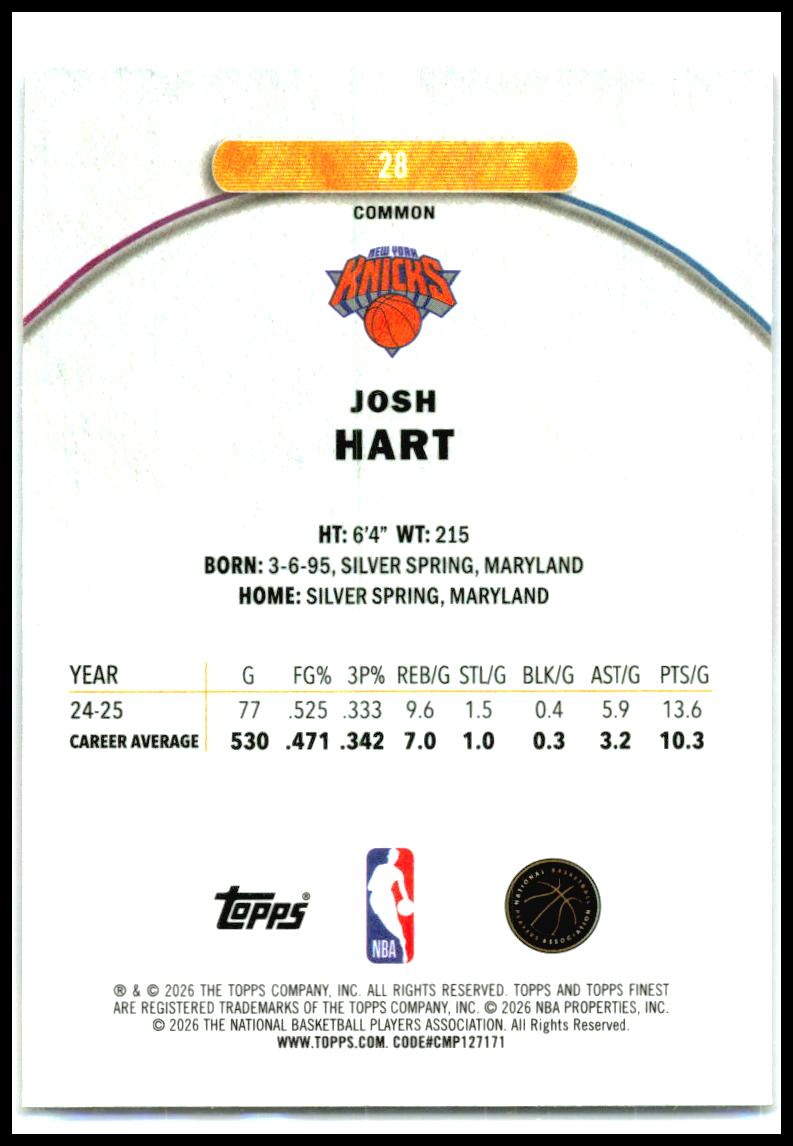2025-26 Finest #28 Josh Hart New York Knicks