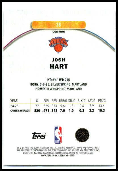 2025-26 Finest #28 Josh Hart New York Knicks