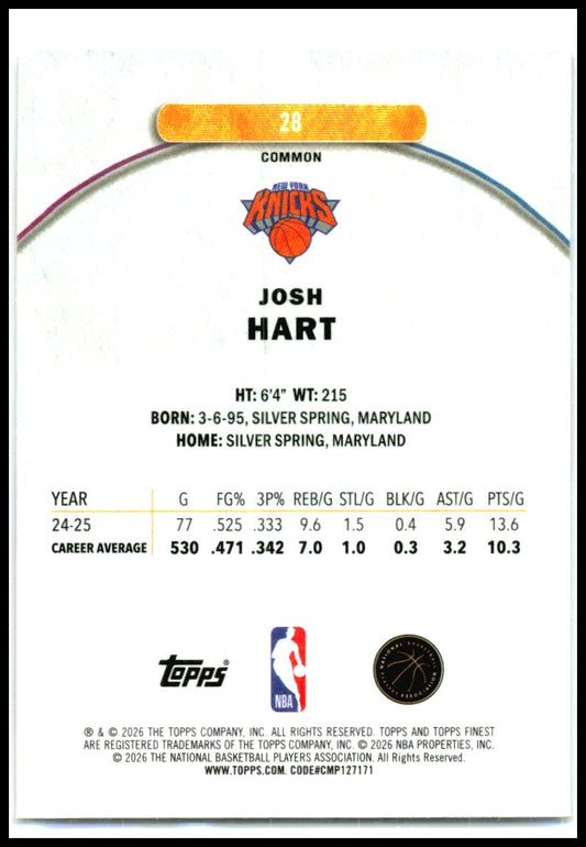2025-26 Finest #28 Josh Hart New York Knicks