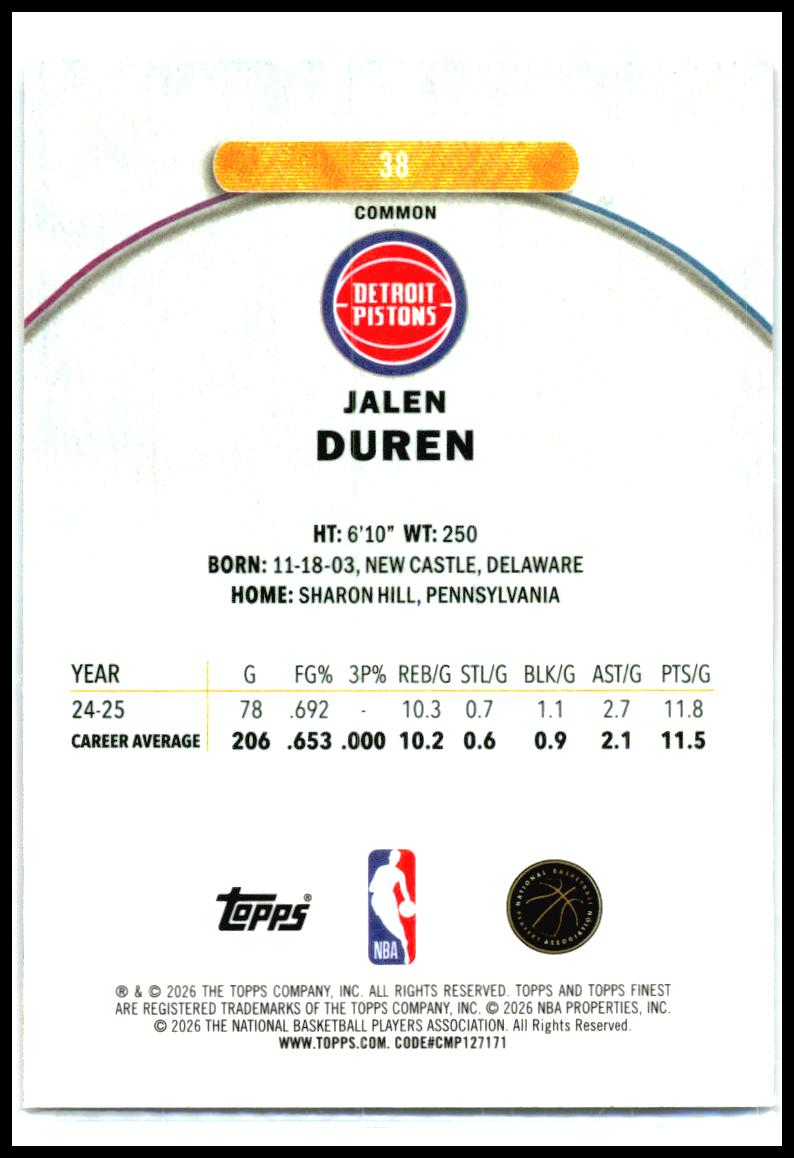 2025-26 Topps Finest #38 Jalen Duren Detroit Pistons