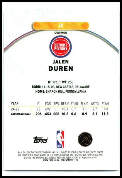 2025-26 Topps Finest #38 Jalen Duren Detroit Pistons