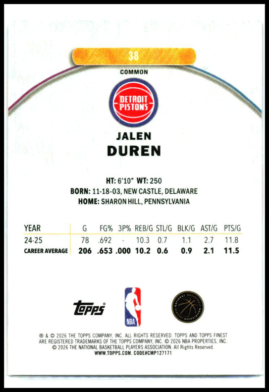 2025-26 Topps Finest #38 Jalen Duren Detroit Pistons