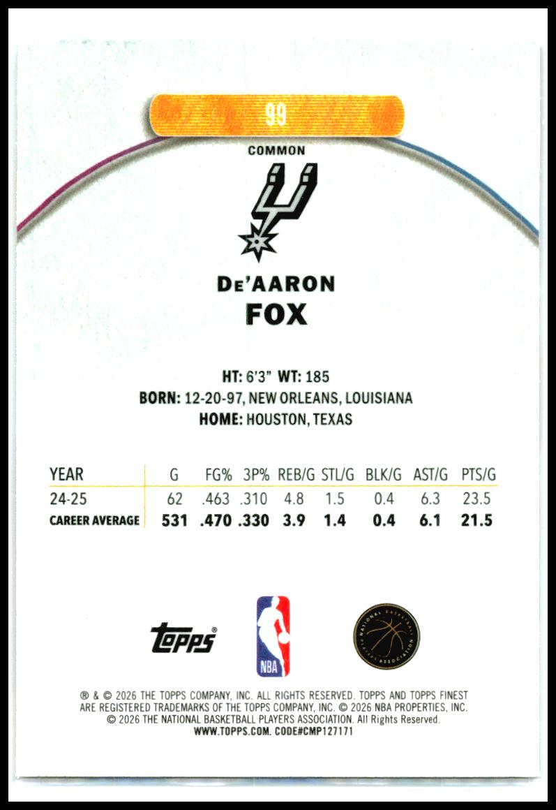 2025-26 Topps Finest #99 De'Aaron Fox Spurs