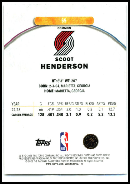 2025-26 Finest Oil Spill Refractor #69 Scoot Henderson Portland Trail Blazers