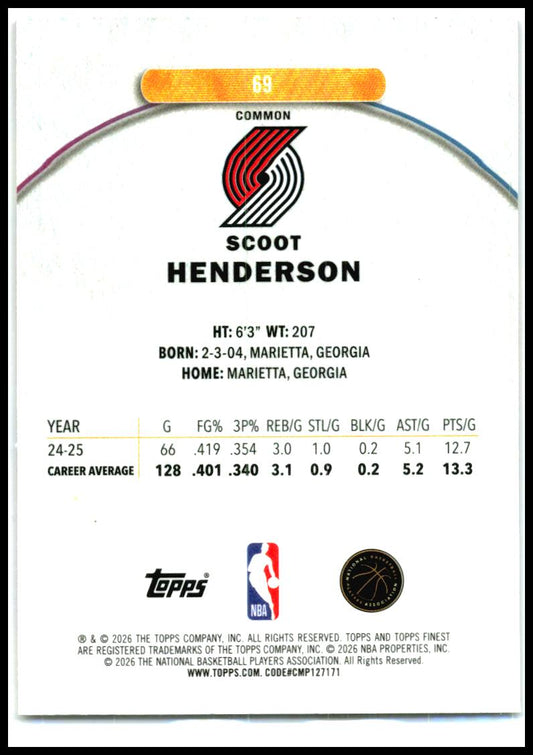 2025-26 Finest Oil Spill Refractor #69 Scoot Henderson Portland Trail Blazers