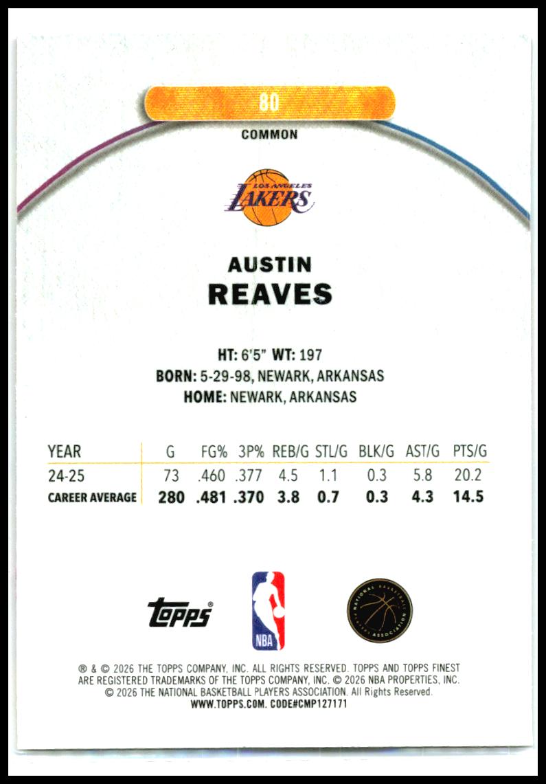 2025-26 Finest Oil Spill Refractor #80 Austin Reaves Los Angeles Lakers