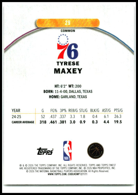 2025-26 Finest Oil Spill Refractor #29 Tyrese Maxey Philadelphia 76ers