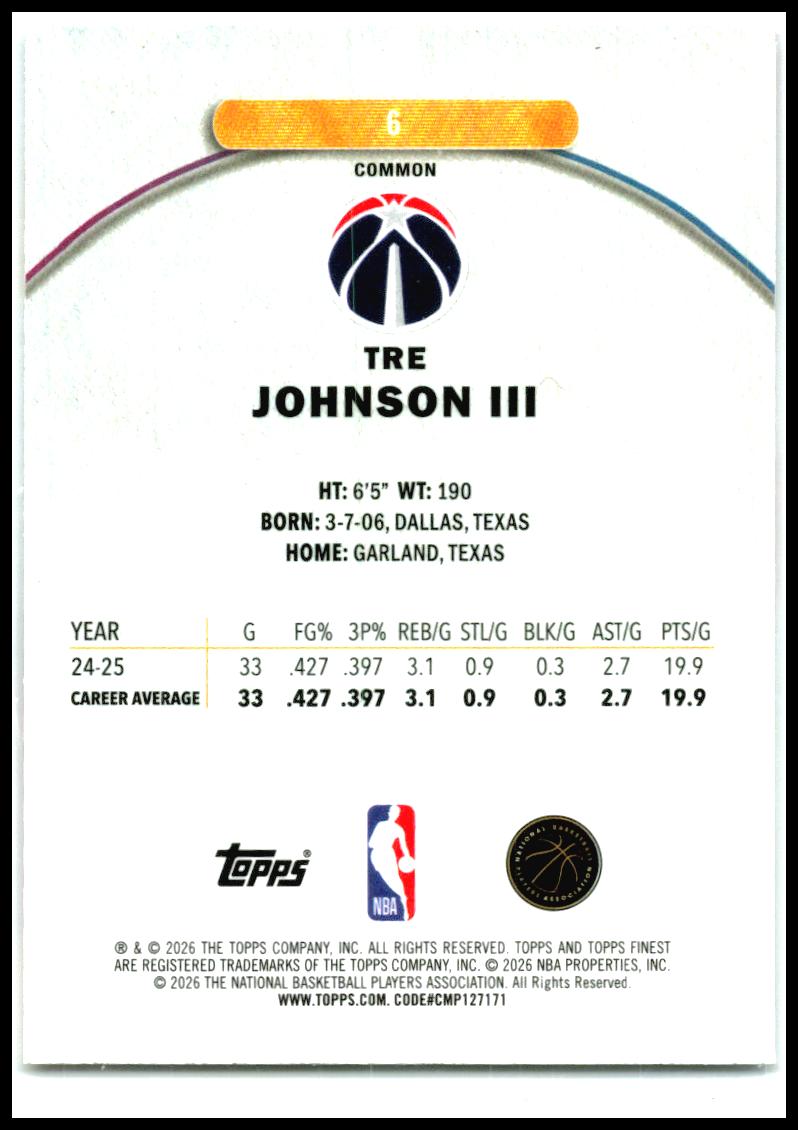 2025-26 Finest #6 Tre Johnson III Rookie Washington Wizards