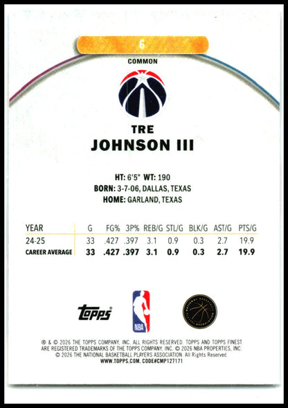 2025-26 Finest #6 Tre Johnson III Rookie Washington Wizards
